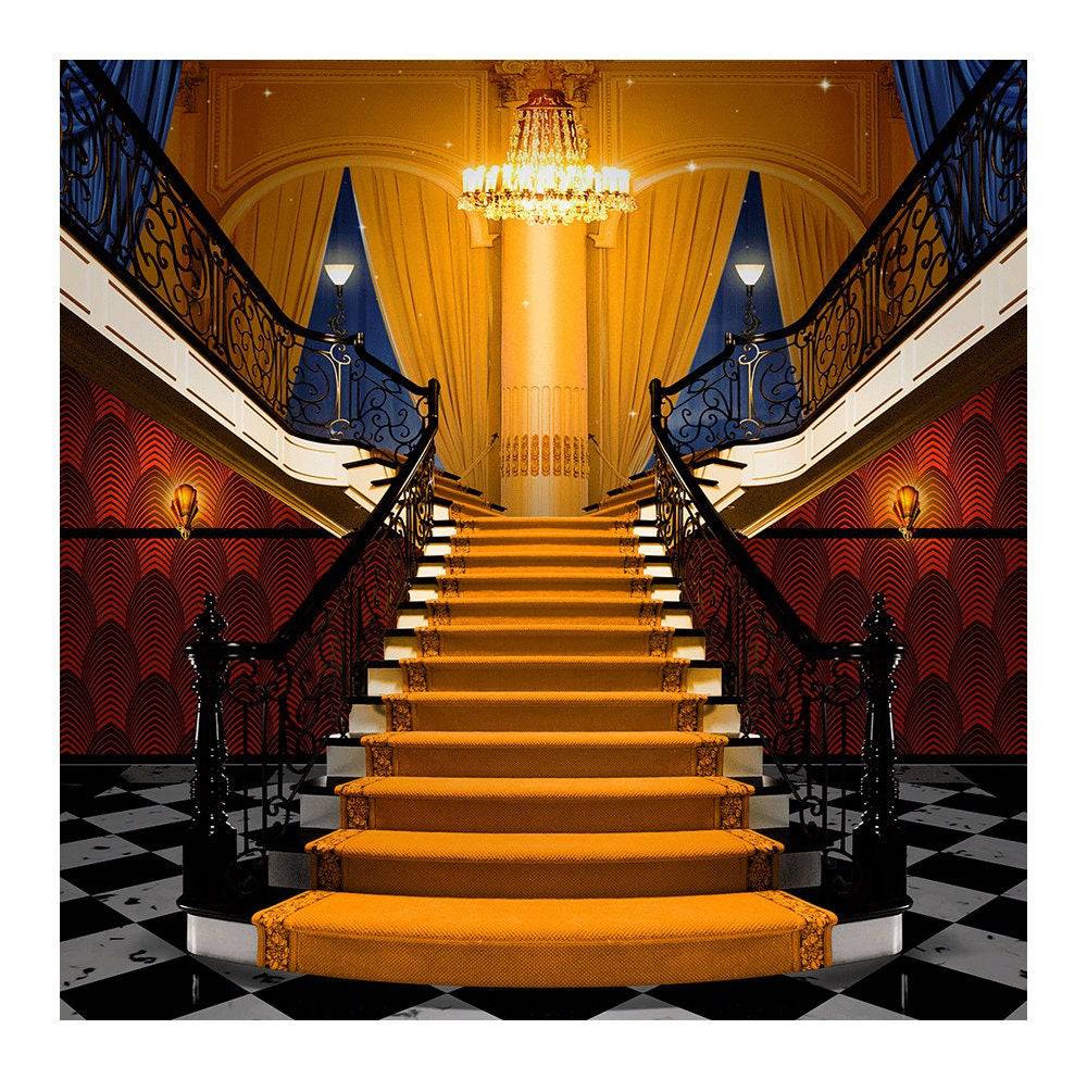 Fancy Orange Carpet Stairs With Checkered Floors Photo Backdrop - Pro 8  x 8  