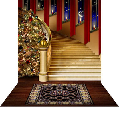 Holiday Staircase Christmas Party Photo Backdrop or New Year's Eve with Santa Claus, A Christmas Tree Backdrop for Keeps - Photo Backdrop - Pro 9 x 16