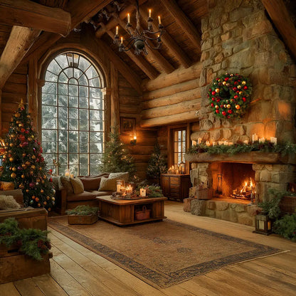 Christmas Cabin Backdrop, Fire in the Hearth Interior Backdrop with Wreath and Candles, Fabric Photo Background Alba Backgrounds