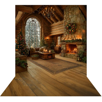 Christmas Cabin Backdrop, Fire in the Hearth Interior Backdrop with Wreath and Candles, Fabric Photo Background Alba Backgrounds