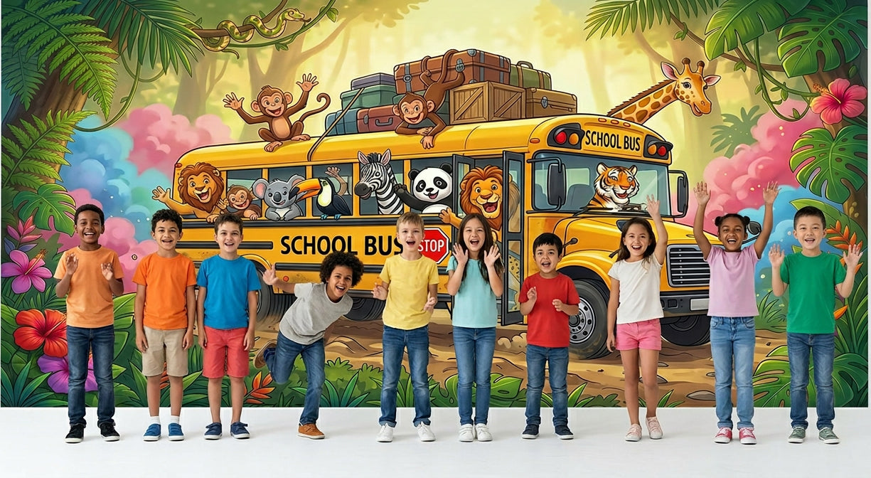 Jungle Animals Road Trip, Wide Fabric Backdrop