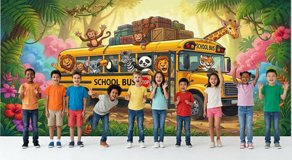Jungle Animals Road Trip, Wide Fabric Backdrop