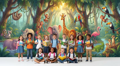 Jungle Safari Animals, Wide Fabric Backdrop