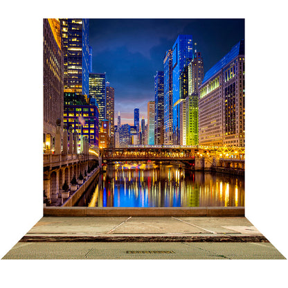 Colorful Chicago City Lights Canal Photo Backdrop