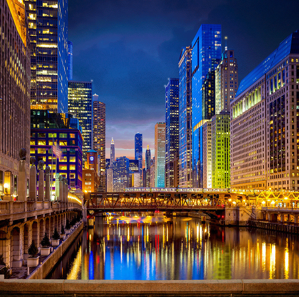 Colorful Chicago City Lights Canal Photo Backdrop