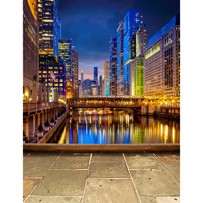 Colorful Chicago City Lights Canal Photo Backdrop