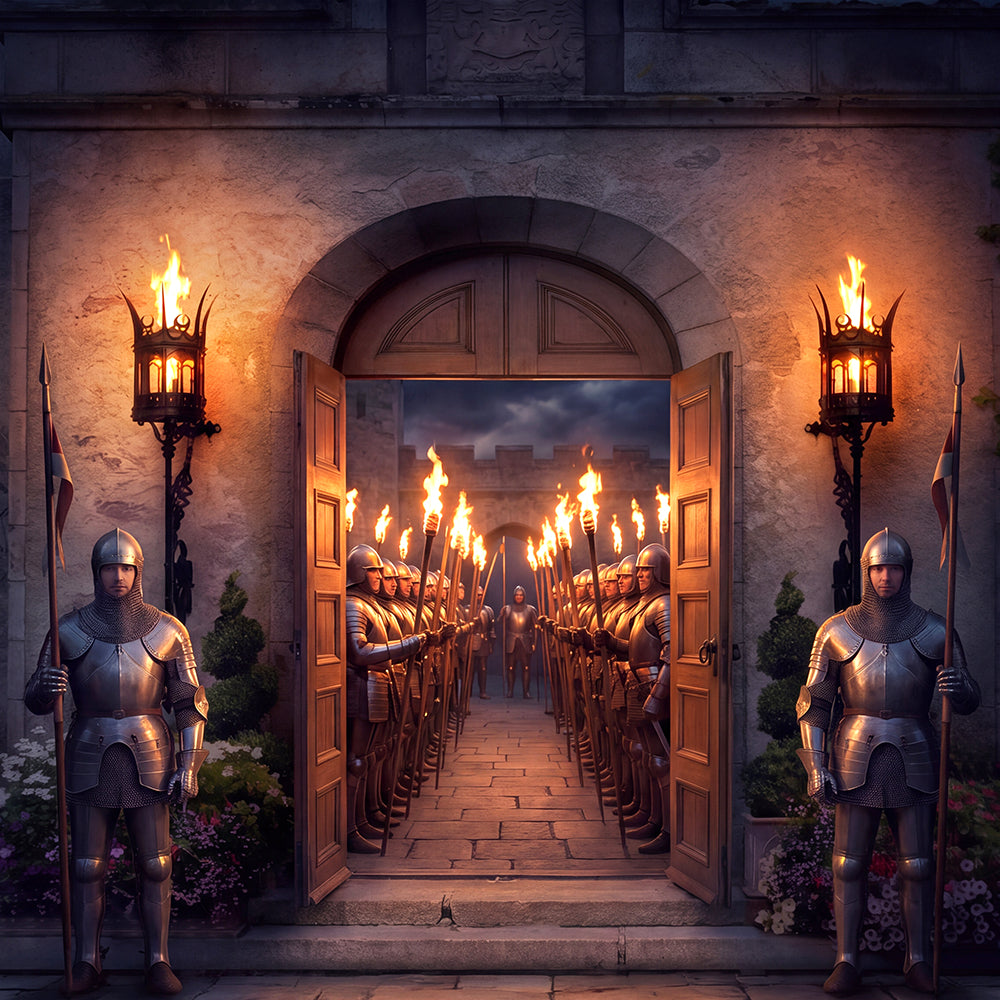 Torchlit Castle Entrance Backdrop, Medieval Party Photography Venue Decor