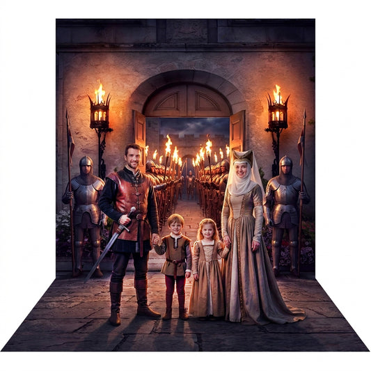 Torchlit Castle Entrance Backdrop, Medieval Party Photography Venue Decor