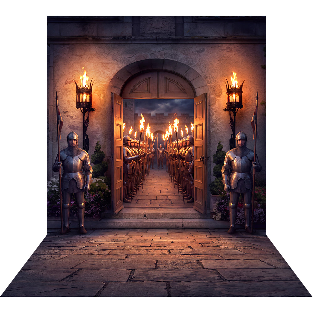 Torchlit Castle Entrance Backdrop, Medieval Party Photography Venue Decor