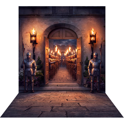 Torchlit Castle Entrance Backdrop, Medieval Party Photography Venue Decor