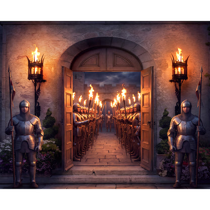 Torchlit Castle Entrance Backdrop, Medieval Party Photography Venue Decor