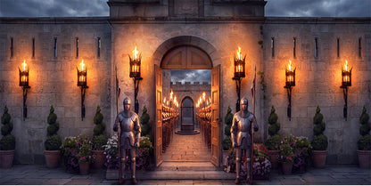 Torchlit Castle Entrance Backdrop, Medieval Party Photography Venue Decor