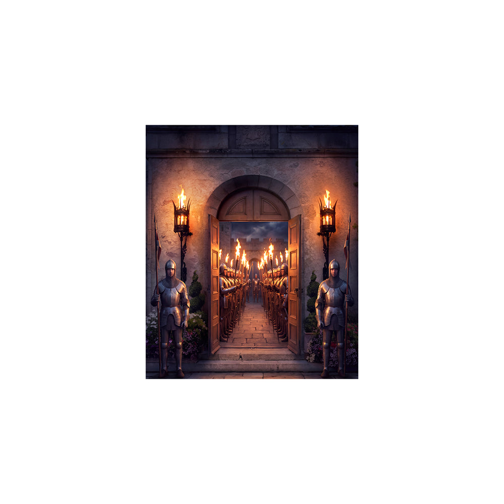 Torchlit Castle Entrance Backdrop, Medieval Party Photography Venue Decor