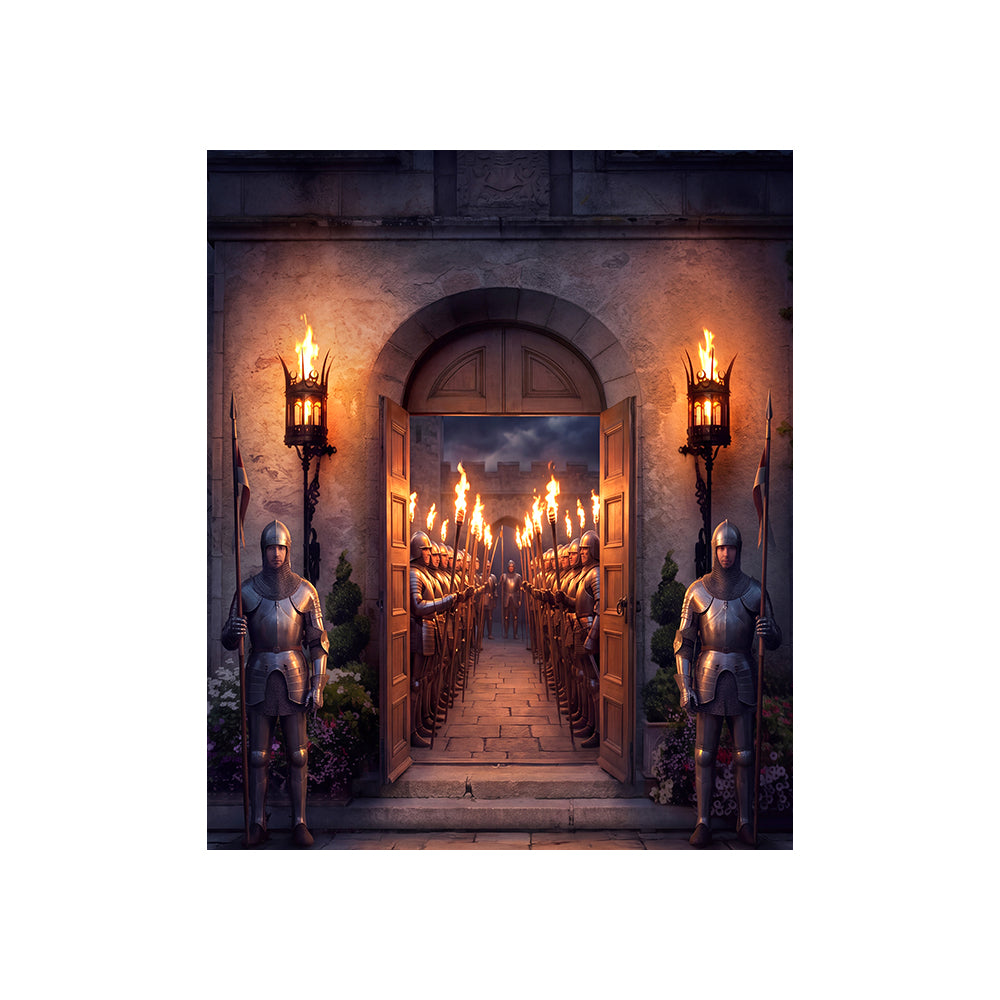 Torchlit Castle Entrance Backdrop, Medieval Party Photography Venue Decor