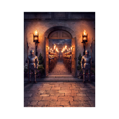 Torchlit Castle Entrance Backdrop, Medieval Party Photography Venue Decor