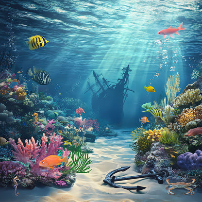 Underwater Coral Bed, Shipwreck, Photo Backdrop, Tropical Fish, Sunken Tall Ship Photo Backdrop