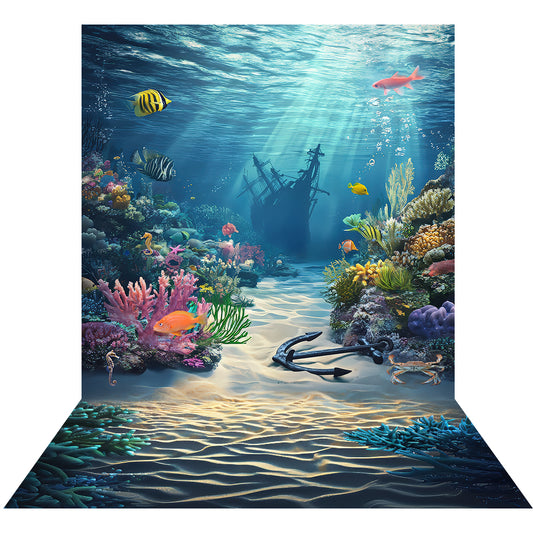 Underwater Coral Bed, Shipwreck, Photo Backdrop, Tropical Fish, Sunken Tall Ship Photo Backdrop