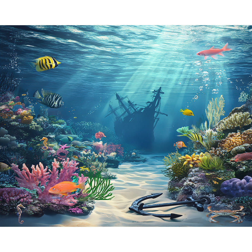 Underwater Coral Bed, Shipwreck, Photo Backdrop, Tropical Fish, Sunken Tall Ship Photo Backdrop