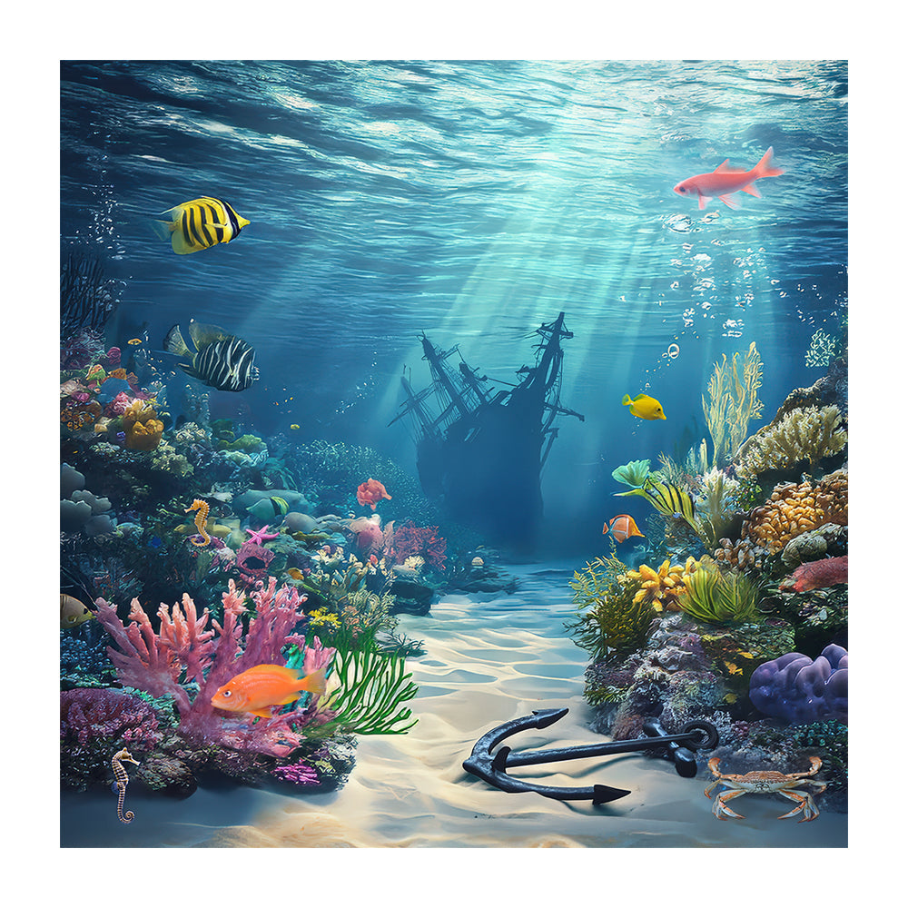 Underwater Coral Bed, Shipwreck, Photo Backdrop, Tropical Fish, Sunken Tall Ship Photo Backdrop