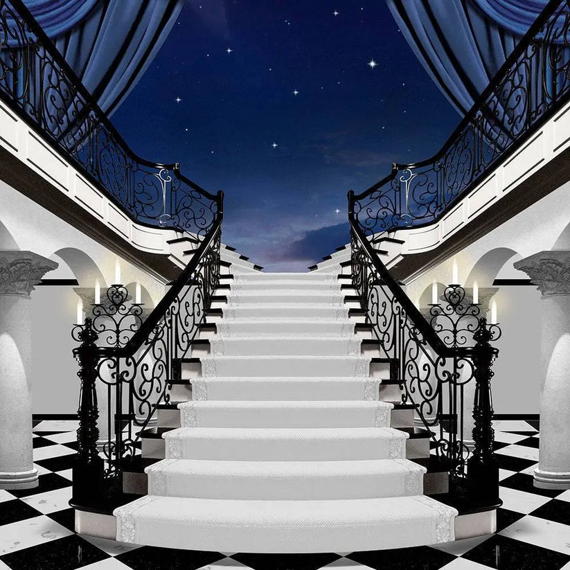 Black Tie Formal Event Photo Backdrop with staircase and blue curtains ...