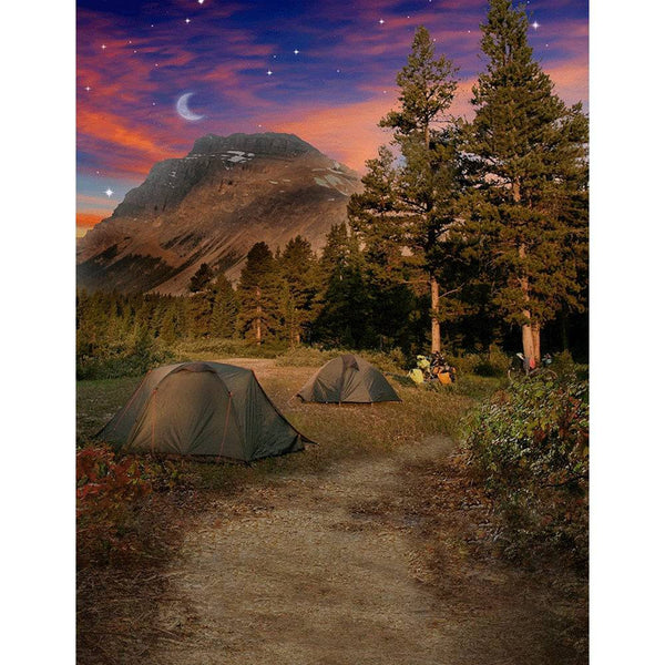 Camping Photo Backdrop features a campsite, trees and mountains – Alba ...