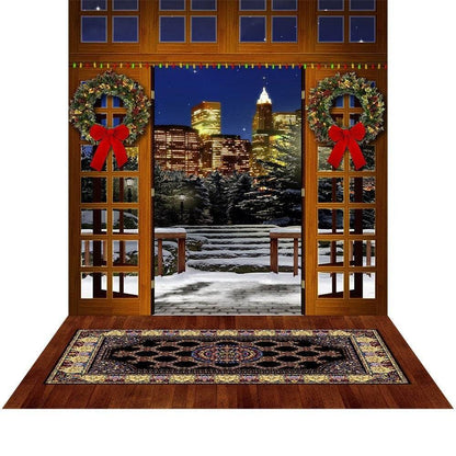 Christmas Balcony Photo Backdrop, Holiday Party Decor, Festive Winter City New Year's Eve Photo Backdrop - Pro 9 x 16