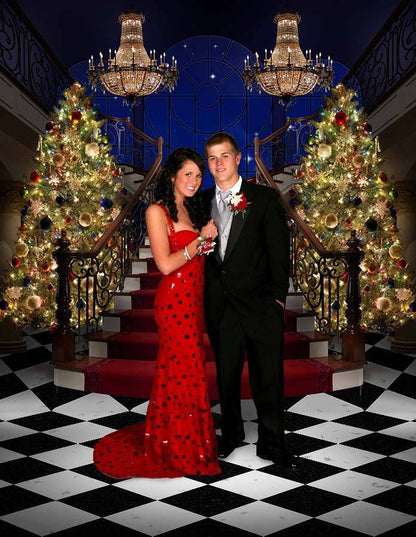 Formal Christmas Tree Stair Case Backdrop