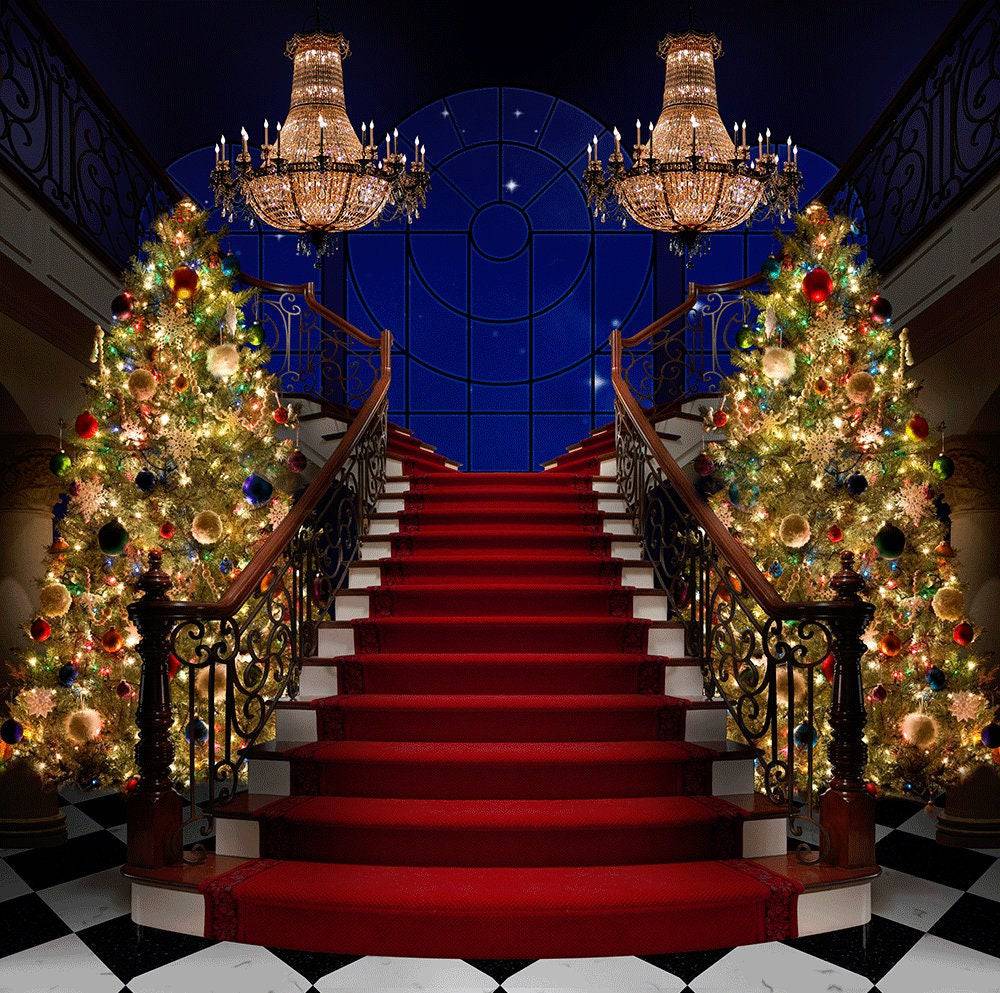 Formal Christmas Tree Stair Case Backdrop