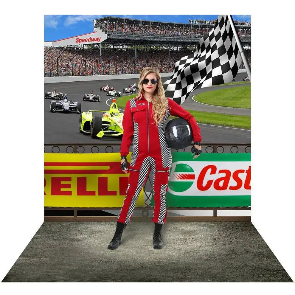 Grand Prix Photo Backdrop with checkered flag, racetrack and stadium ...