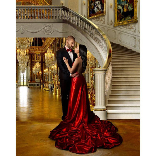 Majestic Staircase Ballroom Backdrop, Gold Palace Interior Backdrop, Prom Decor, a Mansion, Grand Hall Theme, or Ballroom Party Decoration - Basic 4.4 x 5