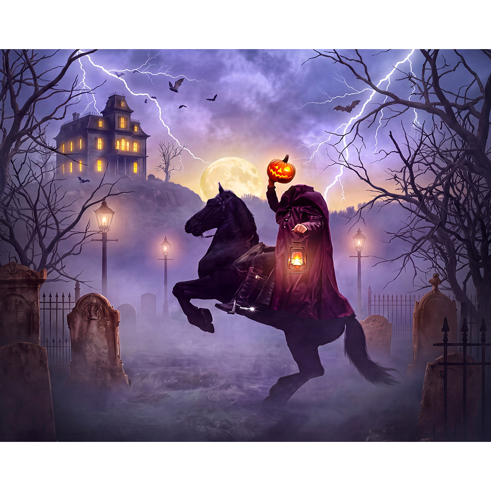 Sleepy Hollow Headless Horseman Halloween Backdrop, Fabric Photo Background