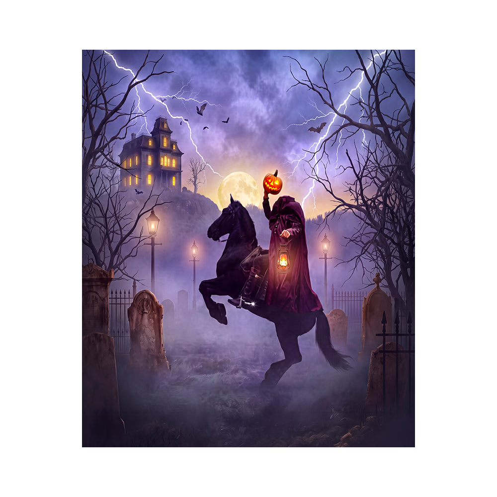 Sleepy Hollow Headless Horseman Halloween Backdrop, Fabric Photo Background