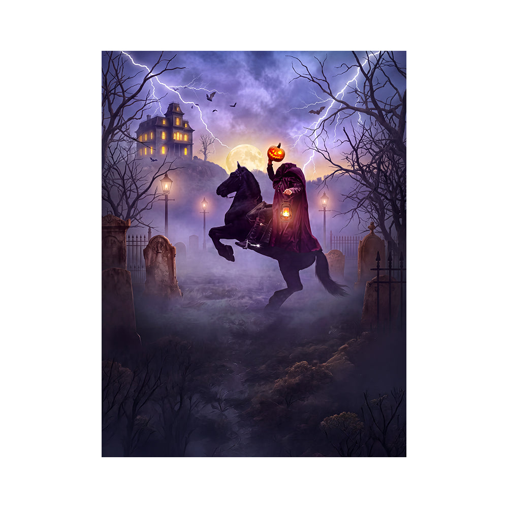 Sleepy Hollow Headless Horseman Halloween Backdrop, Fabric Photo Background