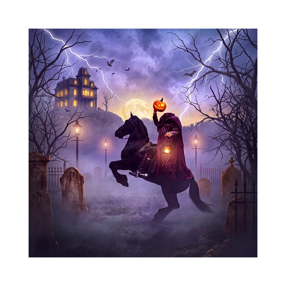 Sleepy Hollow Headless Horseman Halloween Backdrop, Fabric Photo Background