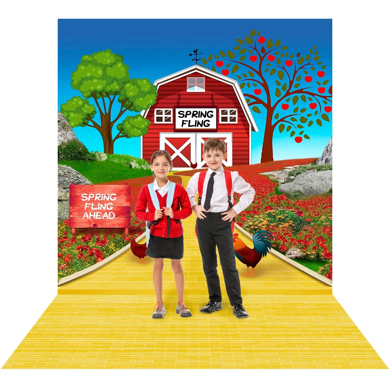 Preschool Backdrop, Spring Fling Red Barn Photo Background Alba Backgrounds