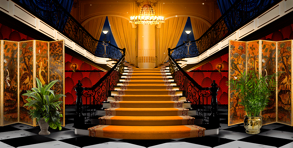 Fancy Orange Carpet Stairs With Checkered Floors Photo Backdrop