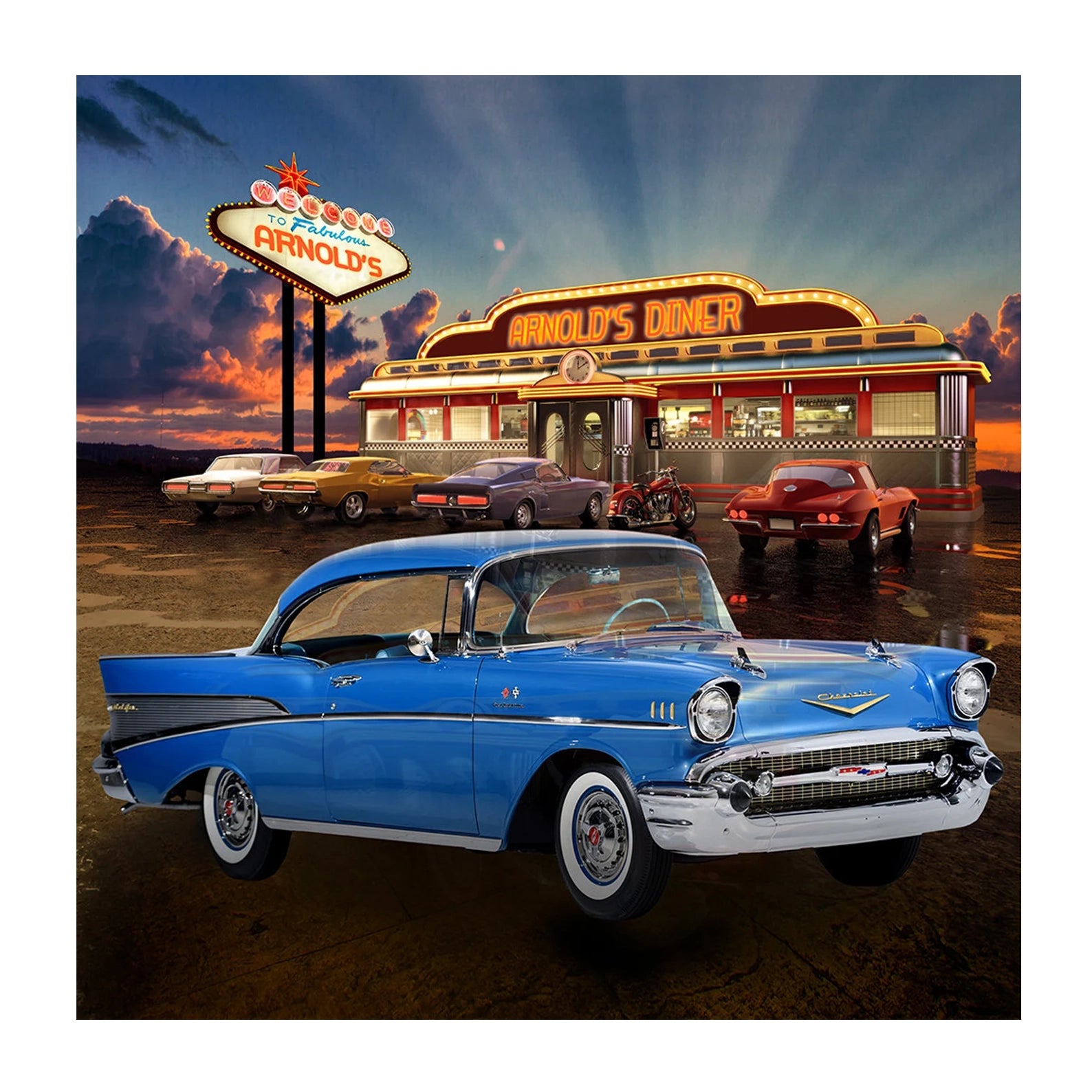 Blue 57 Chevy Diner Photo Backdrop - Basic 8  x 8  