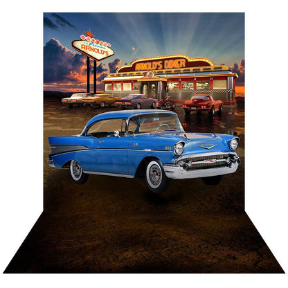 Blue 57 Chevy Diner Photo Backdrop - Basic 8  x 16  