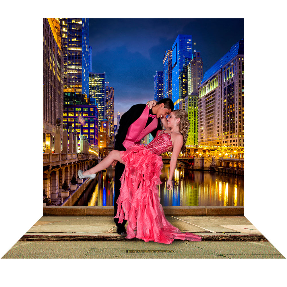 Colorful Chicago City Lights Canal Photo Backdrop