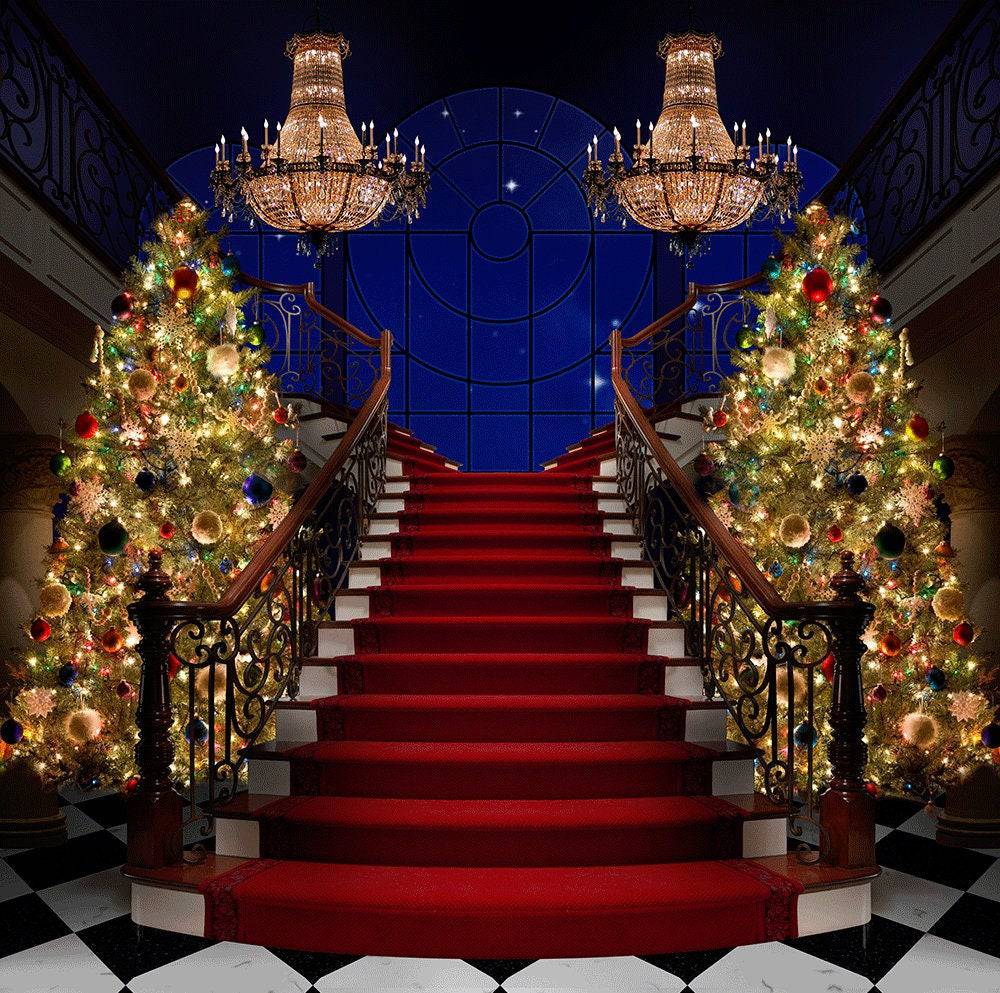 Formal Christmas Tree Stair Case Photo Backdrop - Basic 10  x 8  