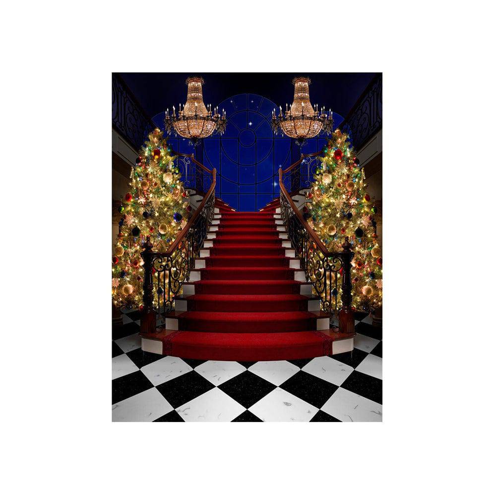 Formal Christmas Tree Stair Case Photo Backdrop | Alba Backgrounds
