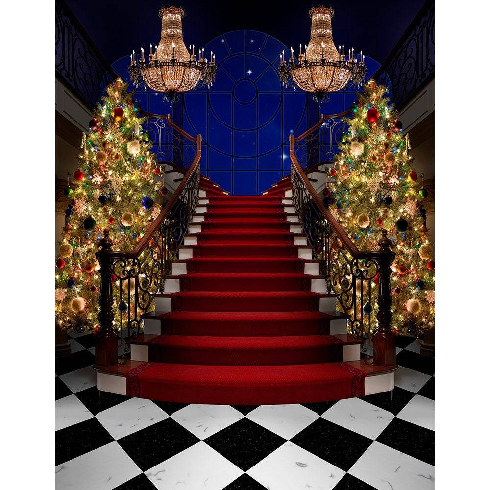 Formal Christmas Tree Stair Case Backdrop