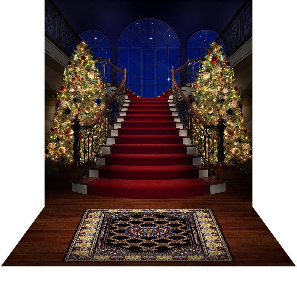 Red Carpet Stair Case Christmas Tree Photography Backdrop - Basic 8  x 16  