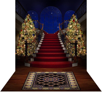 Red Carpet Stair Case Christmas Tree Photography Backdrop - Basic 8  x 16  