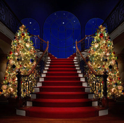 Red Carpet Stair Case Christmas Tree Photography Backdrop - Pro 10  x 10  