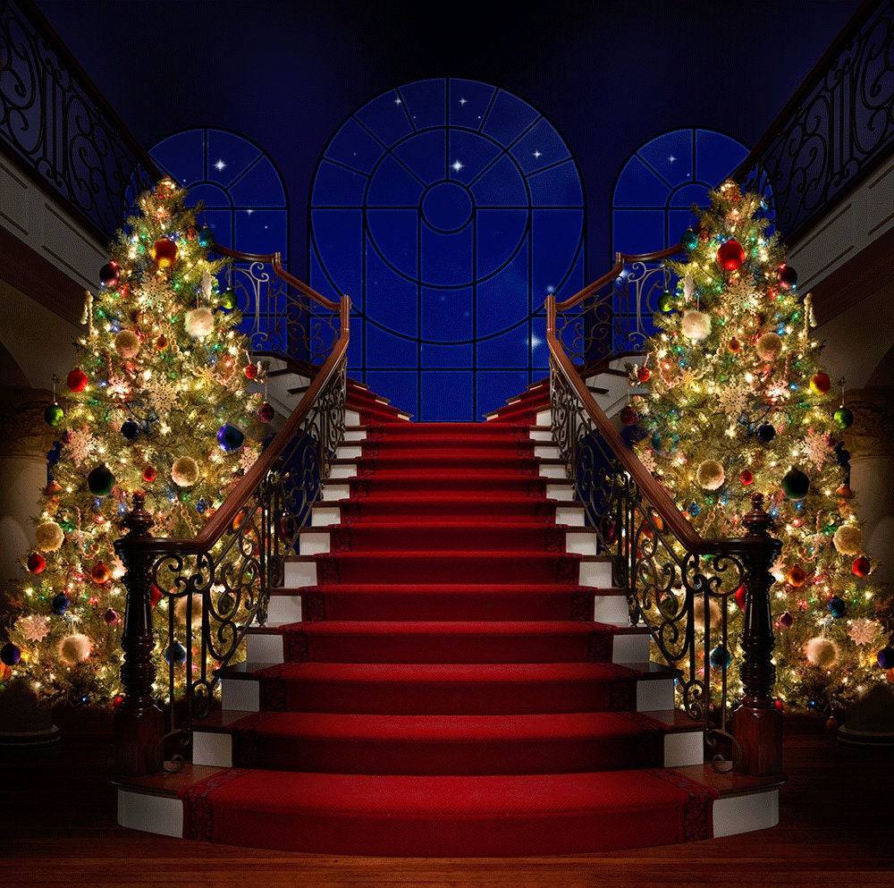 Red Carpet Stair Case Christmas Tree Photography Backdrop - Pro 10  x 8  