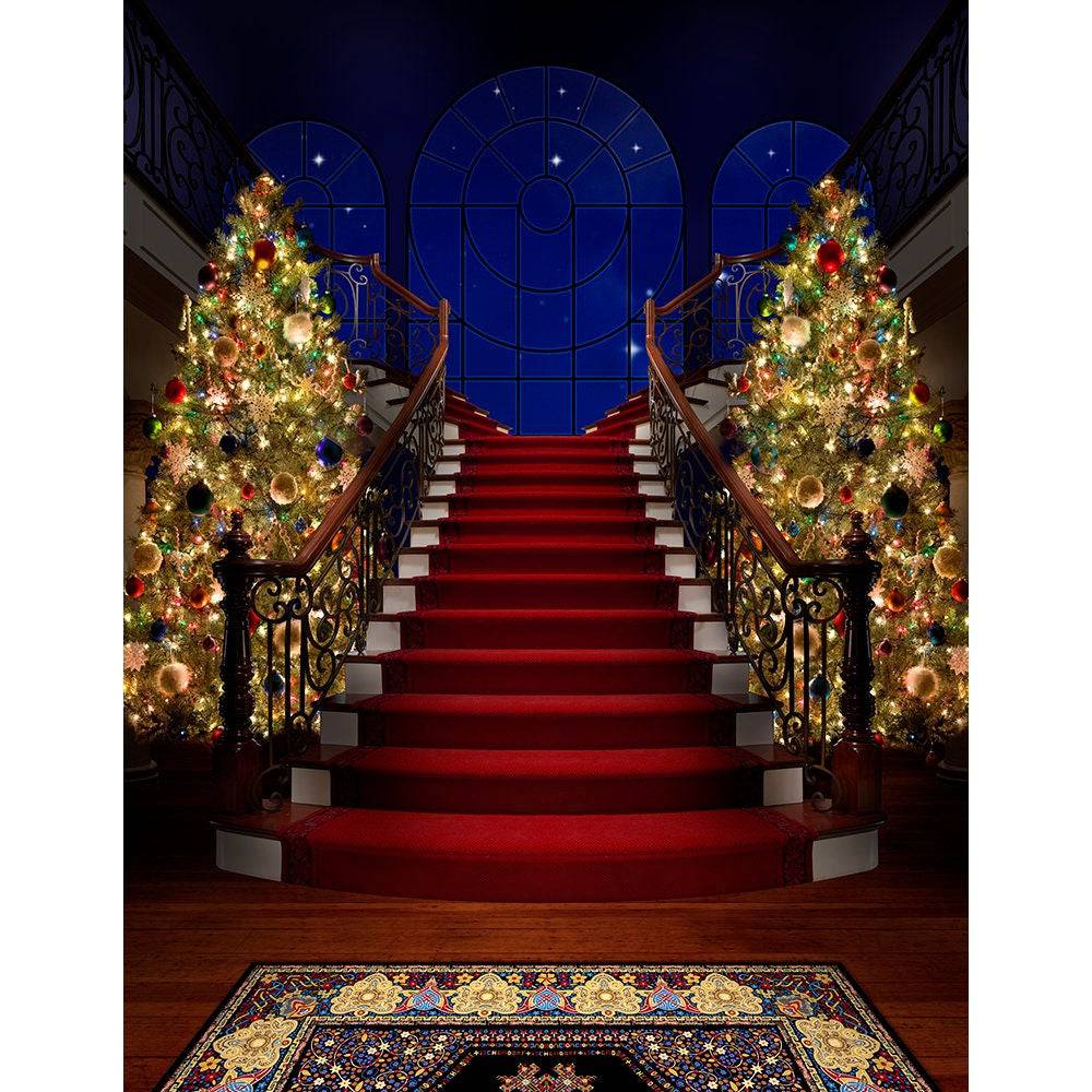 Red Carpet Stair Case Christmas Tree Photography Backdrop - Pro 8  x 10  