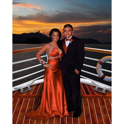 Cruise Ship Love Boat Backdrop, A Sunset Sail Bon Voyage Party Decoration, Prom Party Cruise, Dinner Dance, Travel Agency Photo Backdrop - Basic 4.4 x 5