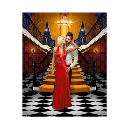 Fancy Orange Carpet Stairs With Checkered Floors Photo Backdrop - Basic 5.5  x 6.5  