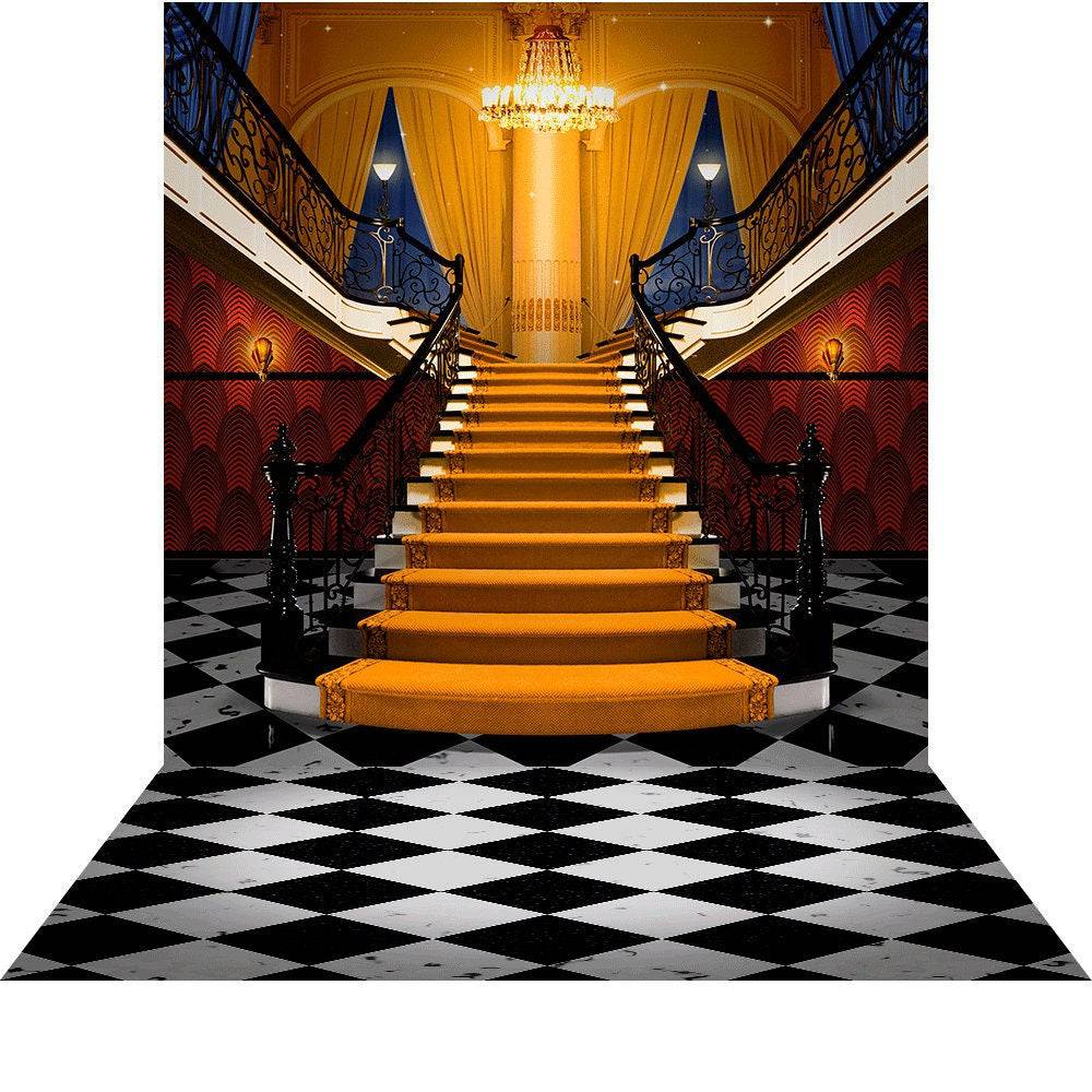 Fancy Orange Carpet Stairs With Checkered Floors Photo Backdrop - Basic 8  x 16  